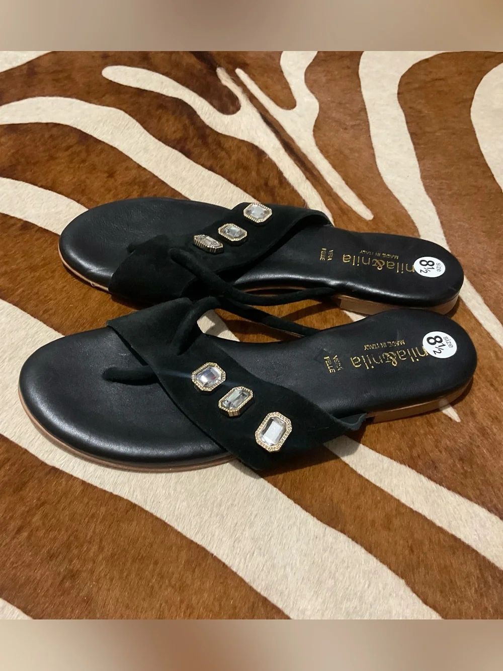 Nila & Nila Crystal Embellished Black Suede Thong Sandal Italy Luxury Size 8.5